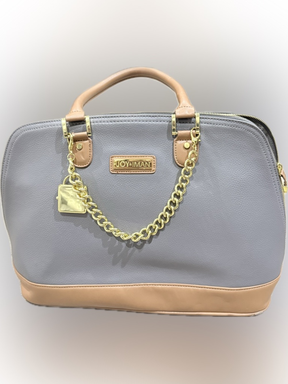 Joy Mangano Gray and Tan Satchel with Gold Chain Accent